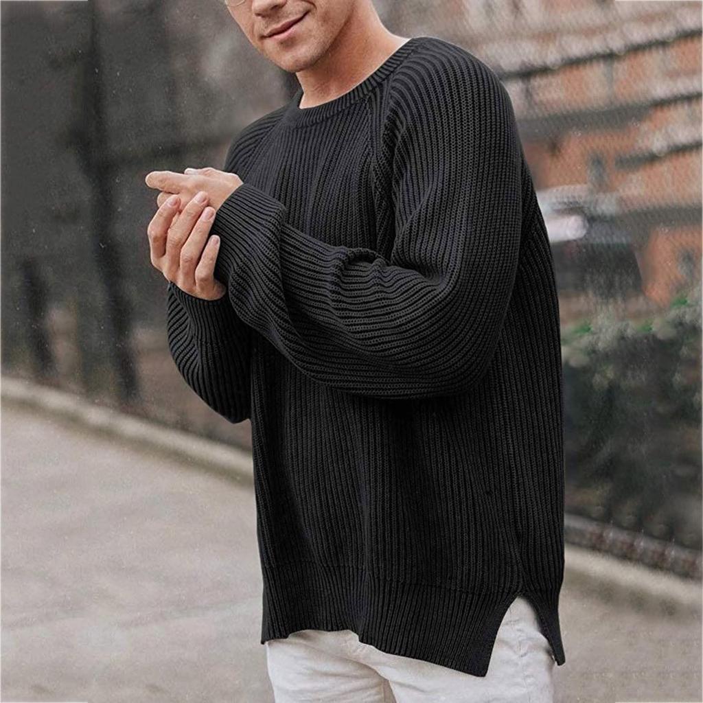 Men's Solid-color Long-sleeved Round-neck Pullover, Knitted Sweater, Men's Striped Sweater