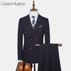 Мужской полосатый двубортный костюм в корейском стиле Slim Fit - повседневный свадебный костюм-тройка для жениха