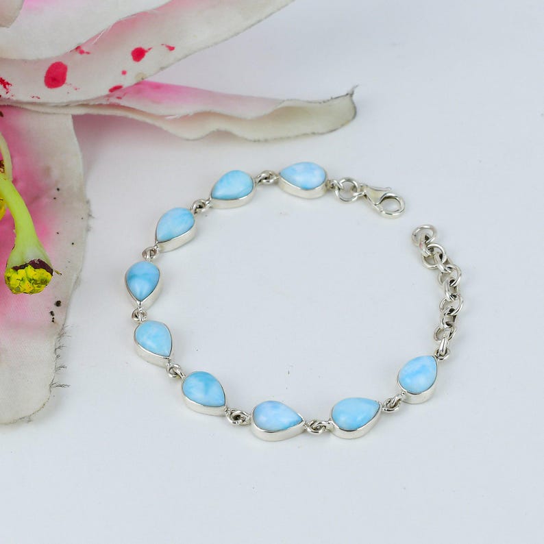 Solid 925 Sterling Silver Natural Larimar Gemstone Handmade Designer Boho Bracelet Gift For Her