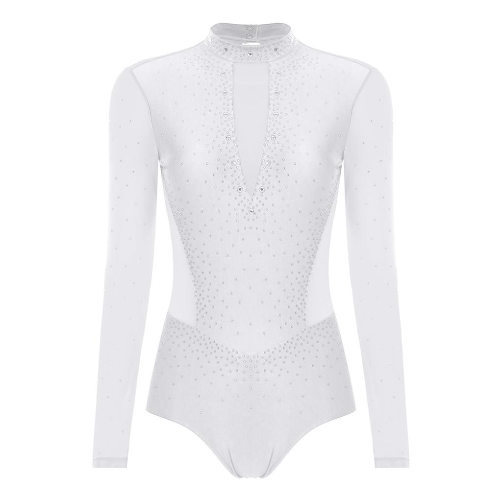 Womens Gymnastics Figure Skating Leotard Long Sleeve Sheer Mesh Sparkle Rhinestone Bodysuit