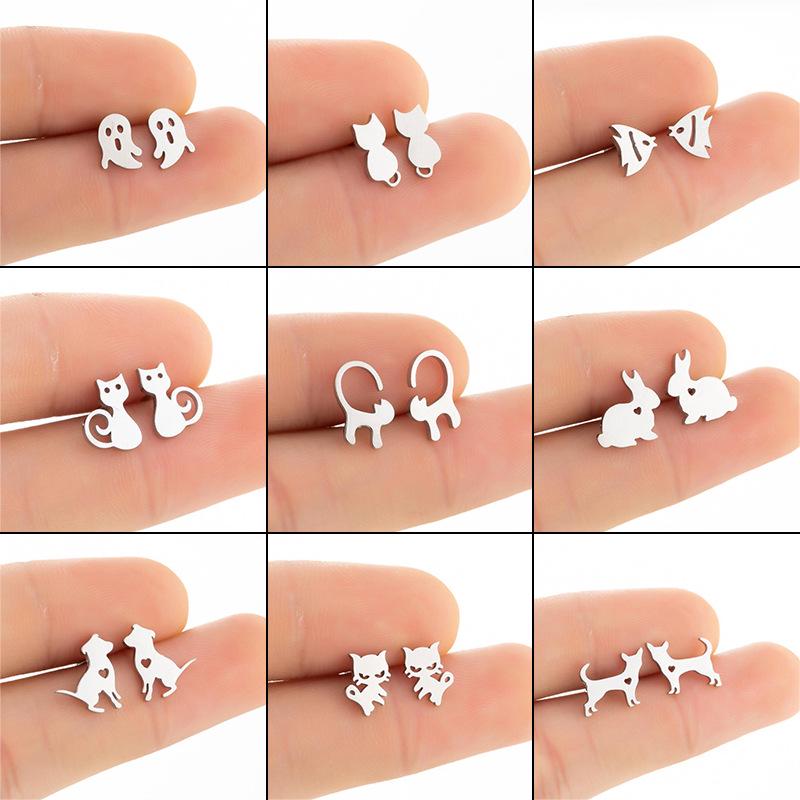 In-Style Cute Stainless Steel Small Animal Earrings: French Fashion Rabbit, Cat, Dog & Goldfish Designs for Women