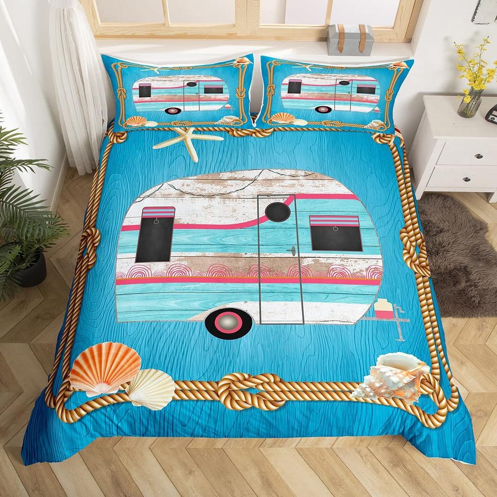 Пододеяльник Happy Camping Camper Комплект постельного белья Plants Outdoor Travel Adventure Одеяло Cover Camper Car Blue Sky Quilt Cover