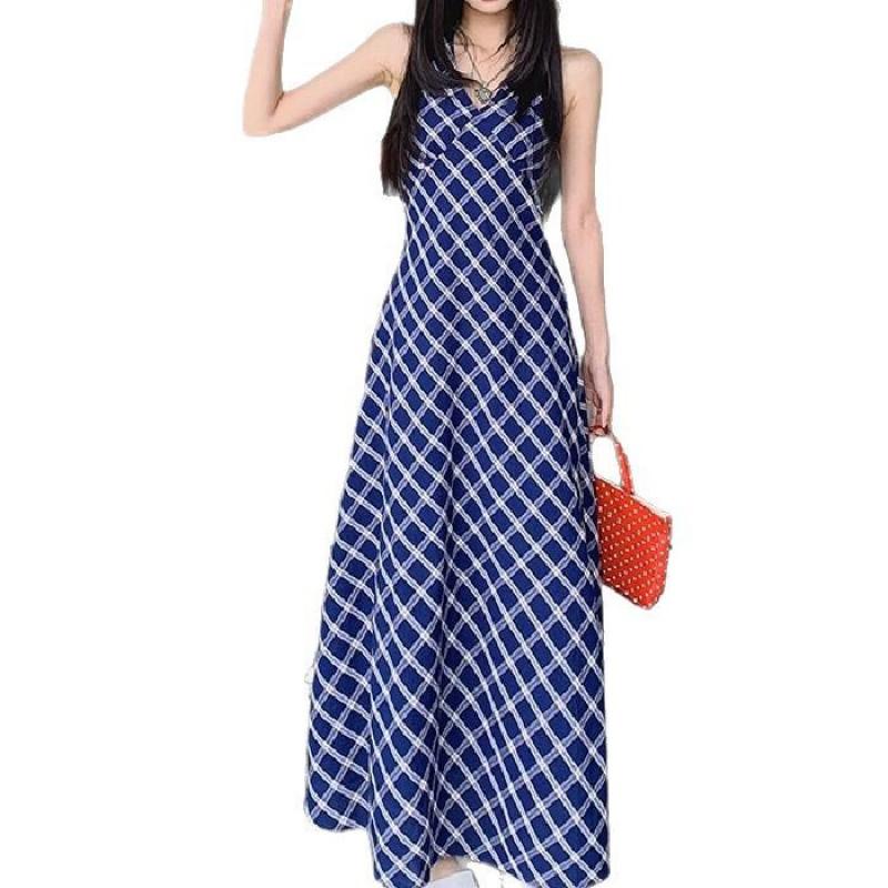 Blue Plaid Halter Neck A-Line Midi Dress Women High Waist Vacation Style 2025 TR Fabric