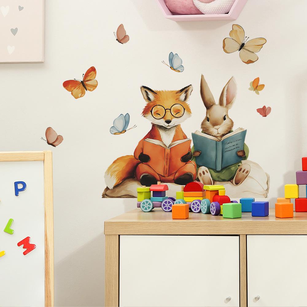 Cartoon Rabbit and Fox Reading Books and Fluttering Butterflies Home Background Wall Decoration Stickers