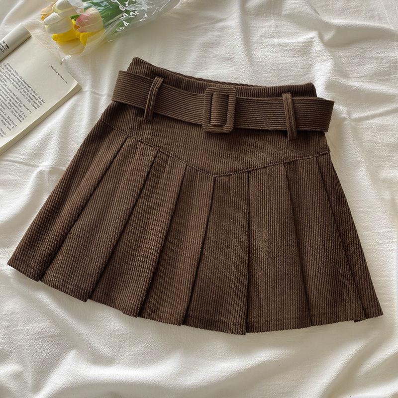 Women's Corduroy Pleated A-Line Skirt – High Waist, Slim Fit, College Style for Spring, Autumn, and Winter 2024