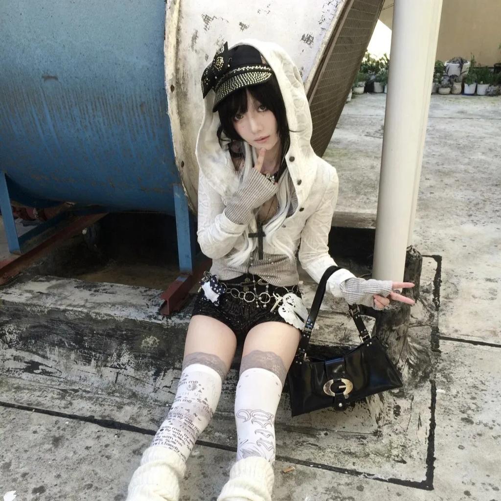 Y2k Вязаные топы с эффектом двухслойности Трэшовые 2000-е Куртка с капюшоном Винтажная Харадзюку Вязаные изделия Гранж Эстетика Американский