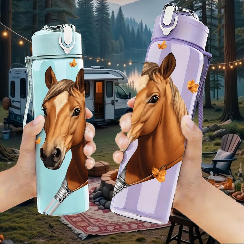 1PC Horse Head With Feather Decoration Print 750ml Color Plastic Sports Water Bottle Leakproof Flip Straw Lid Suitable for Sports Office Home Use
