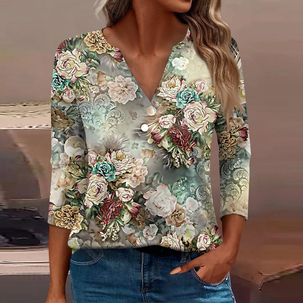 Women's T Shirt Tee Print Button  3/4 Sleeve Daily Weekend Fashion Basic V- Neck Regular Top