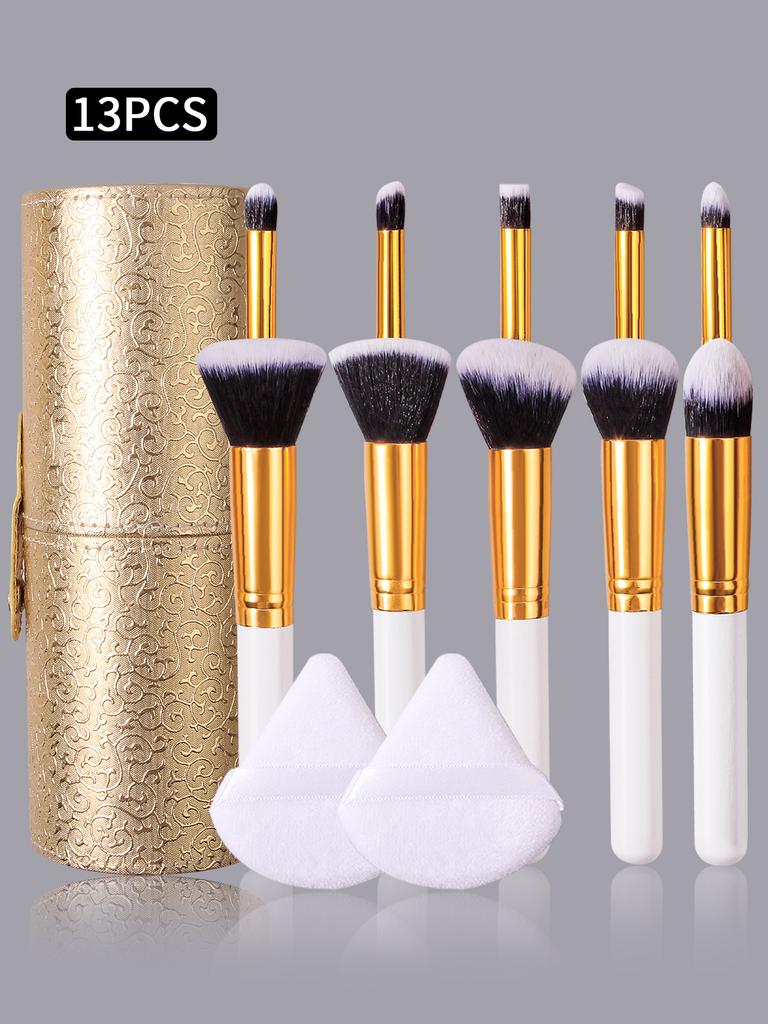 Beginner's 10-piece Makeup Brush Set, 2 Triangular Sponge Powder Puffs, Golden Storage Bucket, Portable Full Set of Beauty Tools