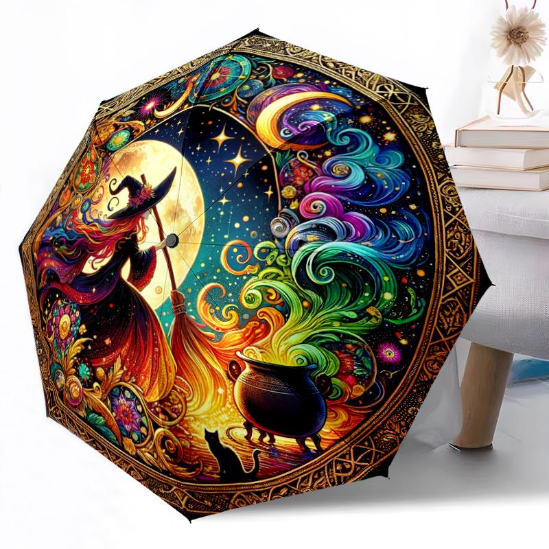 Witch On Broomstick At Night Portable Automatic Umbrella Folding Umbrella with 8 Ribs Durable Plastic & Iron for Women/Men Elegant Women's Umbrella