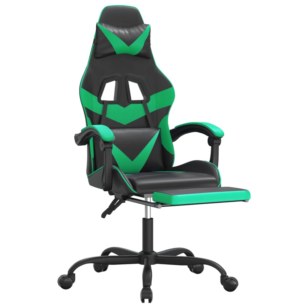 Gaming Chair with Footrest Swivel Black & Green Faux Leather