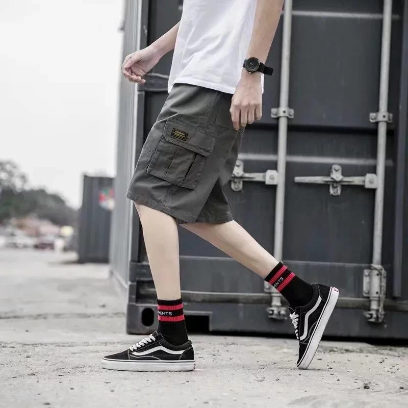 Мужские повседневные брюки, летние тонкие трендовые брюки с пятью точками, студенческие средние брюки, брендовые свободные комбинезоны большого размера Tide