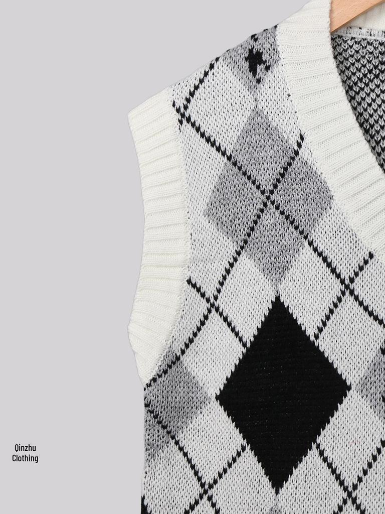 Женский пуловер-жилет с V-образным вырезом и аргайловым узором для осени/зимы