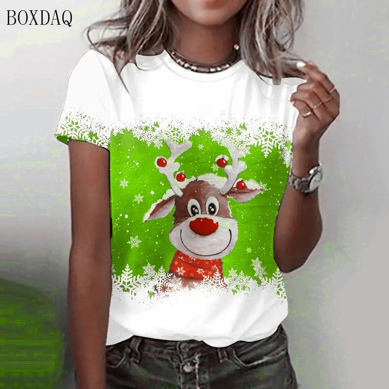 Short Sleeve Christmas Deer Pattern Women Street T-Shirts Oversized O-Neck 3d Printed Christmas Festival Ladies Casual Tops