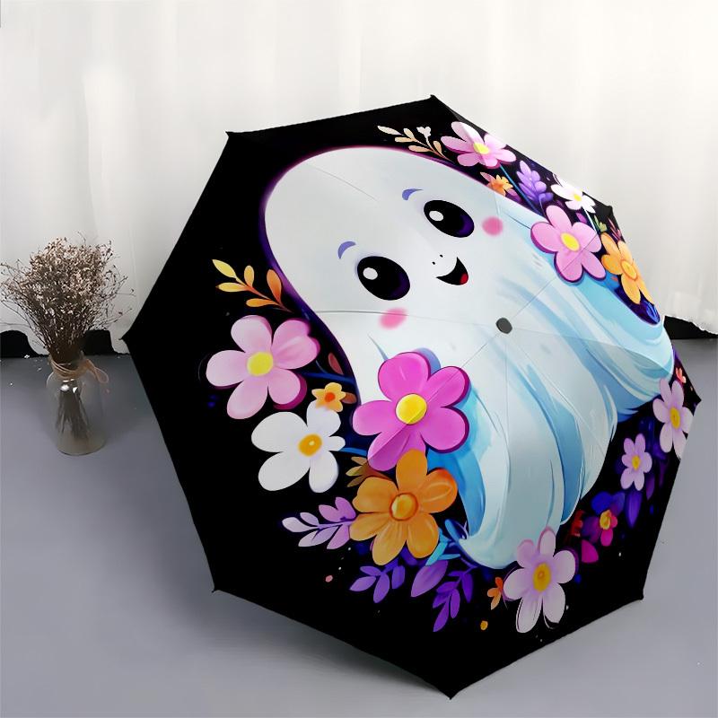1pc Cute Ghost with Flowers Umbrella with Plastic Handle,Suitable for All Seasons UmbrellaPT585