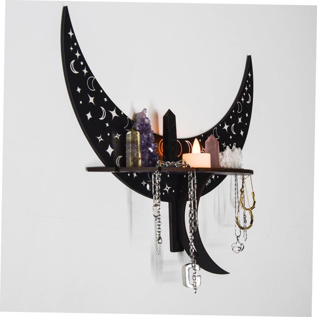 Home Decor Shelf Wood Moon Phase Wall Mounted Display Rack for Crystals and Jewelry Aesthetic with Hooks for Stones and Accessories
