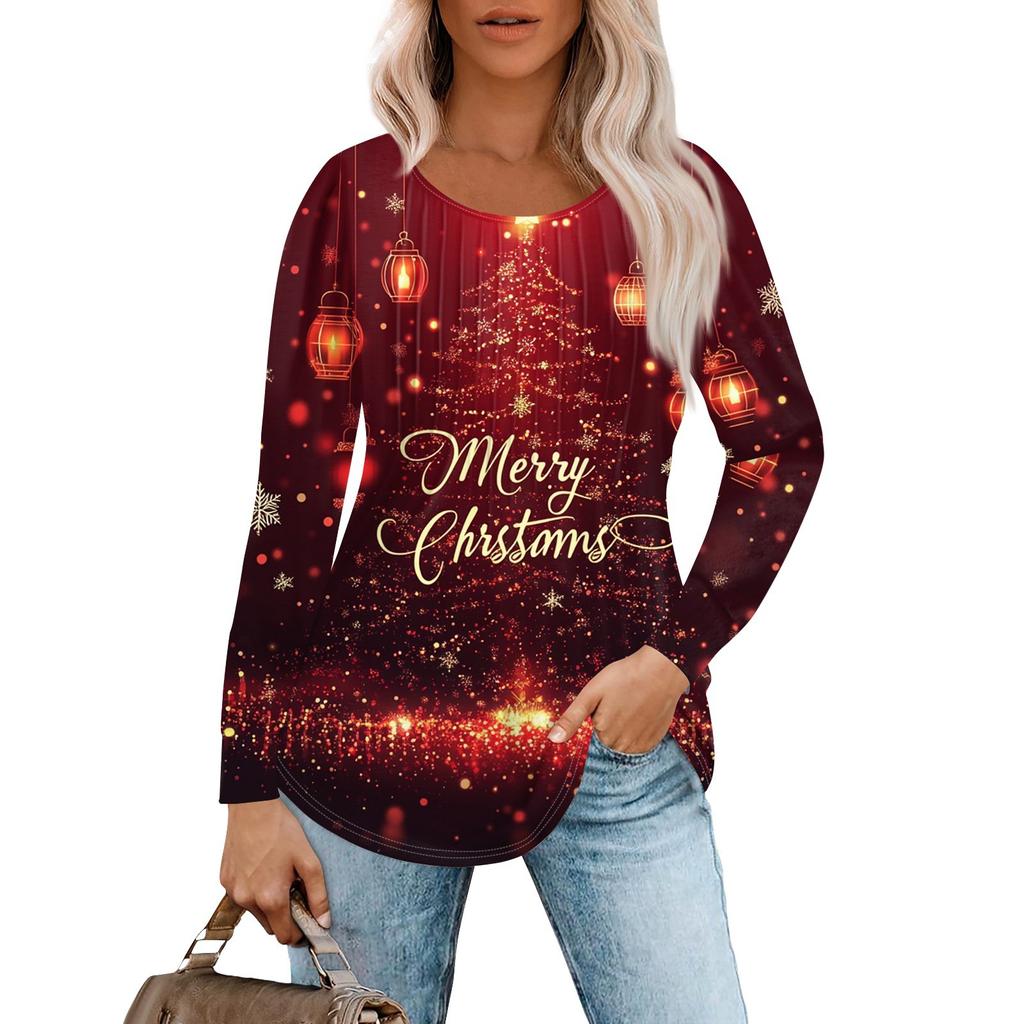 Women's Casual Top Christmas Printed Round Neck Long Sleeved Pleated T-shirt