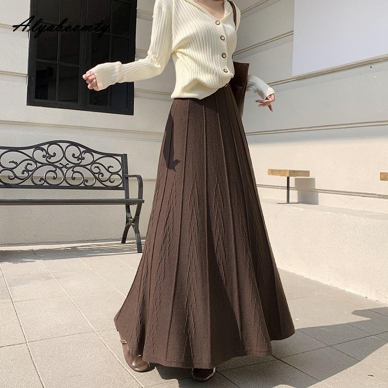 Korean Fashion Autumn Winter Women Skirt High Waist Beige Black Brown Knitting Skirt Warm Feminine Knitted Maxi Long Skirt