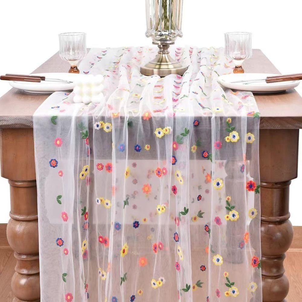 Vintage Embroidery Daisy Table Runner Boho Floral Tablecloth  Holiday Decoration