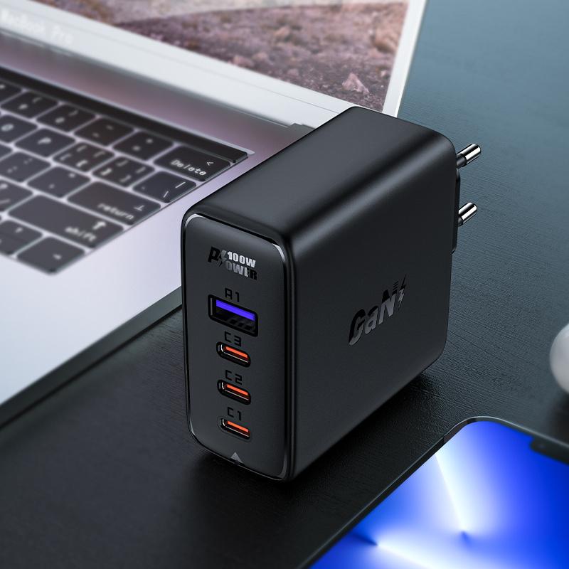 Acefast GaN Network Charger 100W Black, 3xUSB-C/1xUSB-A, Incl. 2m 100W Angled USB-C Cable