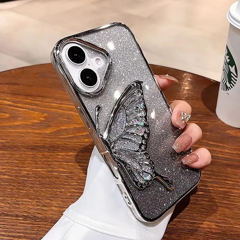 Cartoon Butterfly Glitter Quicksand Case for iPhone 16 15 14 13 Pro Max Plus 11 12 Plating Gradient Bling Camera Film Soft Cover