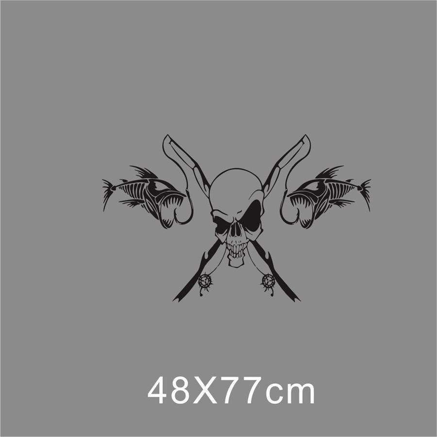 1Pc Car Door/Hood Sticker Fishing Skull Skeleton Fish Rod Hook Vinyl Decal Black