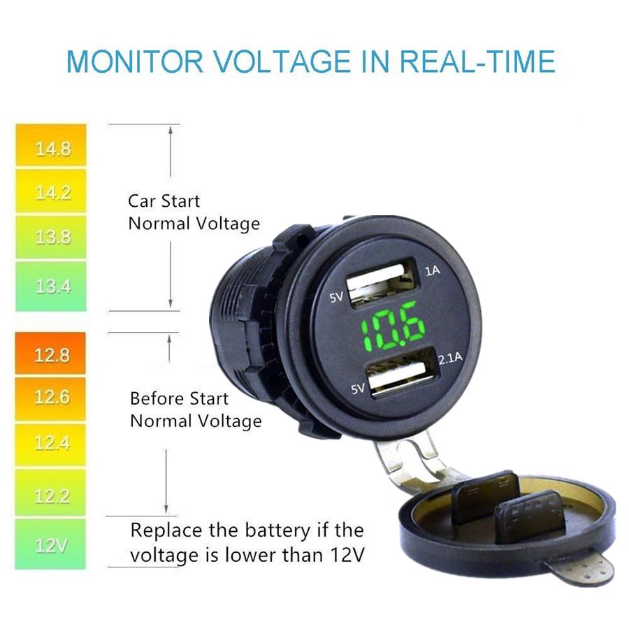 Car Motorcycle 3.1A 2 USB Charger Socket Waterproof Green LED Display Voltmeter