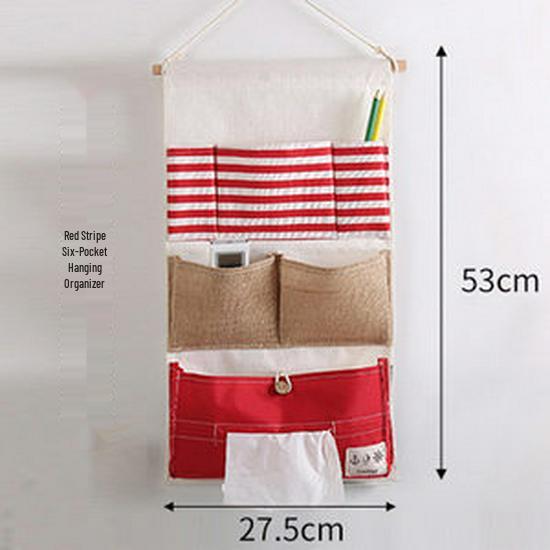 Полосатая настенная подвесная сумка для хранения из хлопка и льна с бантом и множеством карманов для кухни или ванной комнаты.