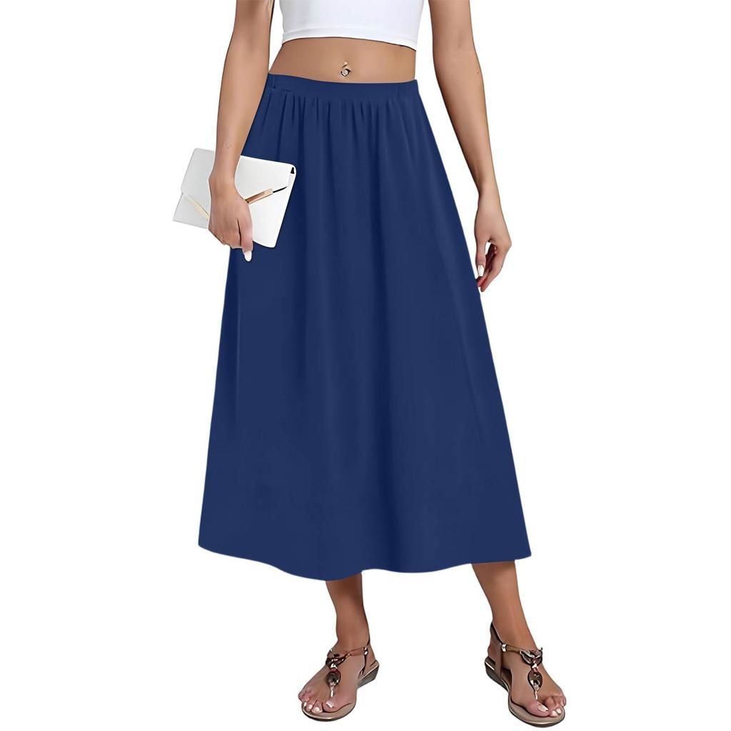 Women's Casual Fashion Solid Colour Big Hem Skirt Elasticated Loose Pockets Pleated Half-body Skirt (With Side Pockets)