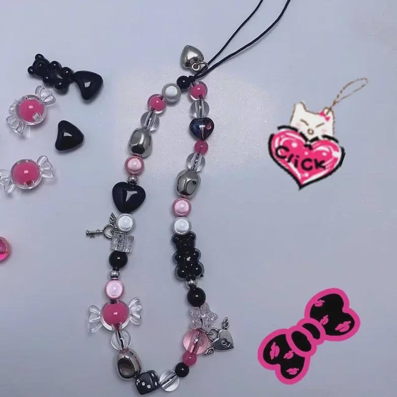 Розово-красная цепочка для телефона в стиле Y2K с сердечком, шнурком для камеры CCD и подвеской в виде медведя