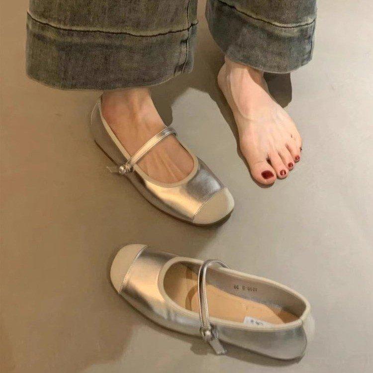 Модные и удобные серебристые туфли-одиночки Винтажные туфли Мэри Джейн Туфли на плоской подошве Весенне-летняя женская обувь