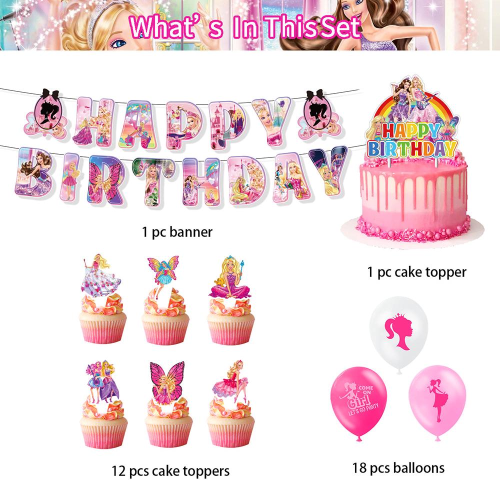 32pcs Pink Girl Party Decorations Include Banner Cake Toppers Latex Balloons