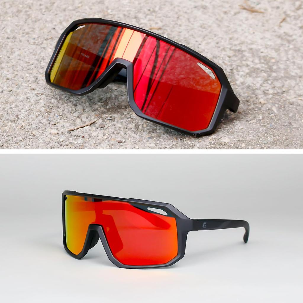 Polarized Sunglasses for Cycling and Sports Prescription Compatible Inner UV Large Black Frame X Red Lens [Gorix] [Polarized Lenses, Frame,