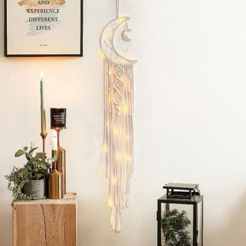 Chic Bohemian Macrame Woven Wall Hanging Moon Dream Catcher Boho Home Decor Wall Art Decor Room Decor(String Lights NOT Included)