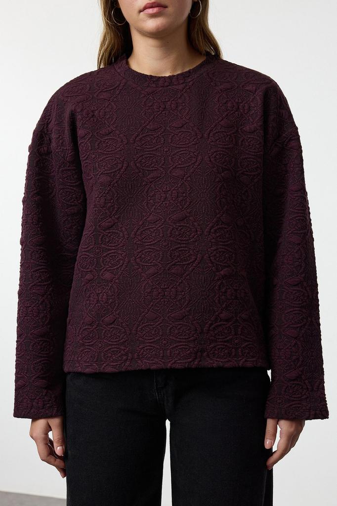 Женская модная стильная толстовка сливового жаккардового цвета, обычная трикотажная толстовка нормального кроя