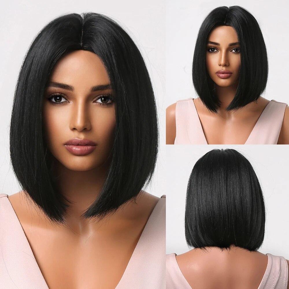Purple Pink Ombre Black Short Straight Synthetic Wigs with Bangs Bob Wig for Women Daily Cosplay Party Heat Resistant Fake Hairs