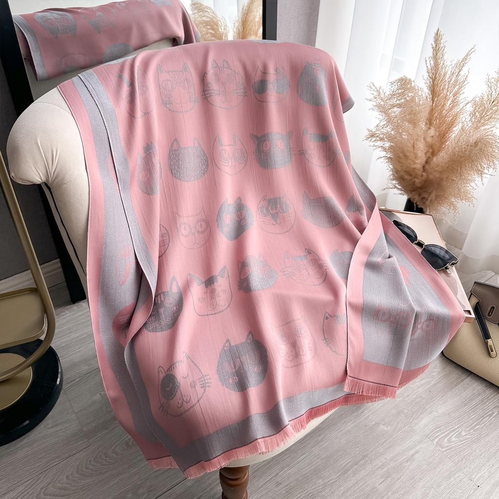 Funny Kitten Cat Head Cute Print Fashion Tencel Cotton Women'S Sunscreen Scarf Double-Sided Shawl