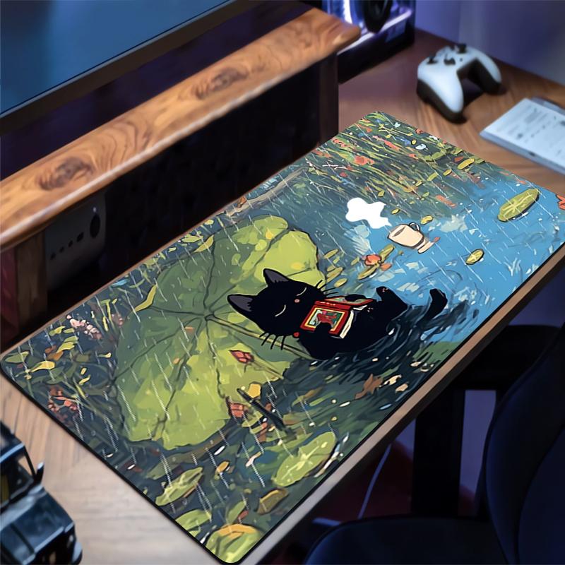 Mouse Pad Anime Black Cat Extended Mouse Mat Computer Keyboard Pad Green Plants Desktop Mat with Non-Slip Base and Stitched Edge