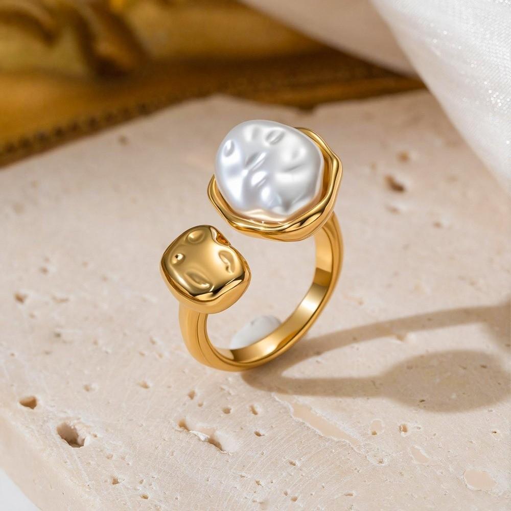 Simulated Pearls Zirconia Ring Geometry Design Alloy Platinum Finger Ring Retro Style Gold Plated Retro Jewelry Rings Daily Wear