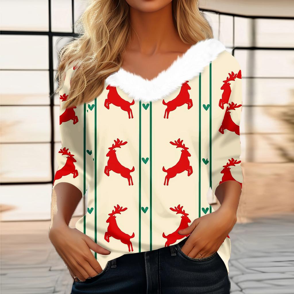 Женская мода с длинным рукавом и рождественским принтом, праздничный воротник, V-образный вырез