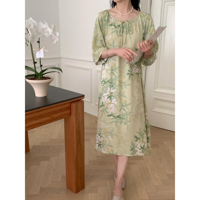 1011 new cotton and silk nightdress women's high-end printing short-sleeved long dress large size thin can be worn outside loungewear