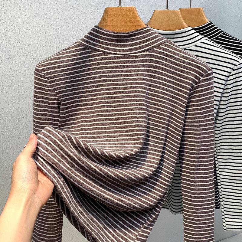 Autumn and winter bottoming shirt women's long-sleeved semi-turtleneck German velvet thermal top striped inside slim long-sleeved t-shirt