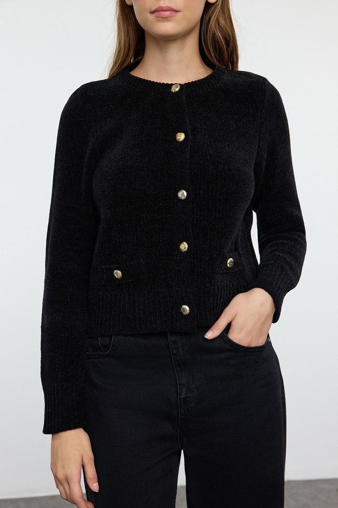 Women's Elegance Style Cardigan Black Premium Yarn Special Yarn Pocket Detailed Knitwear Cardigan