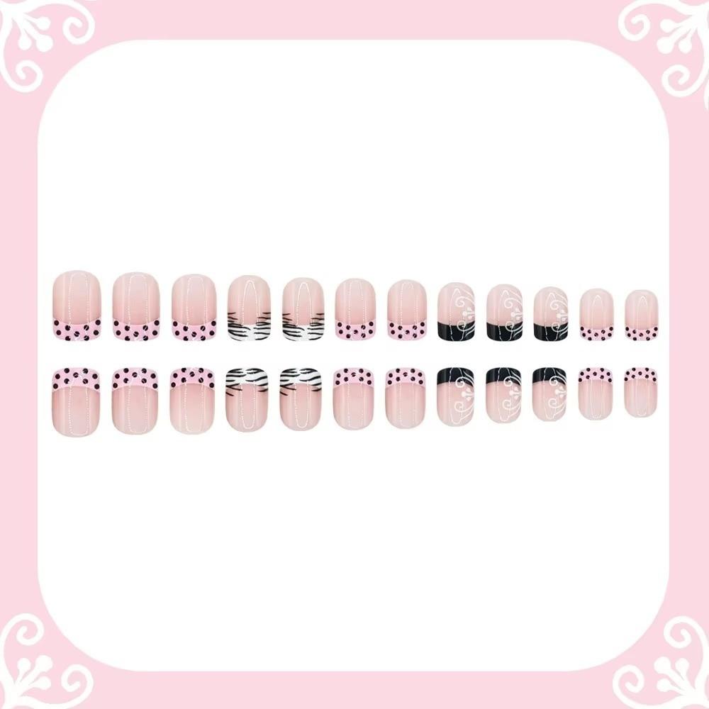 24Pcs Press On Nails Polka Dot Pattern Full Cover Nails Sweet False Nails Set