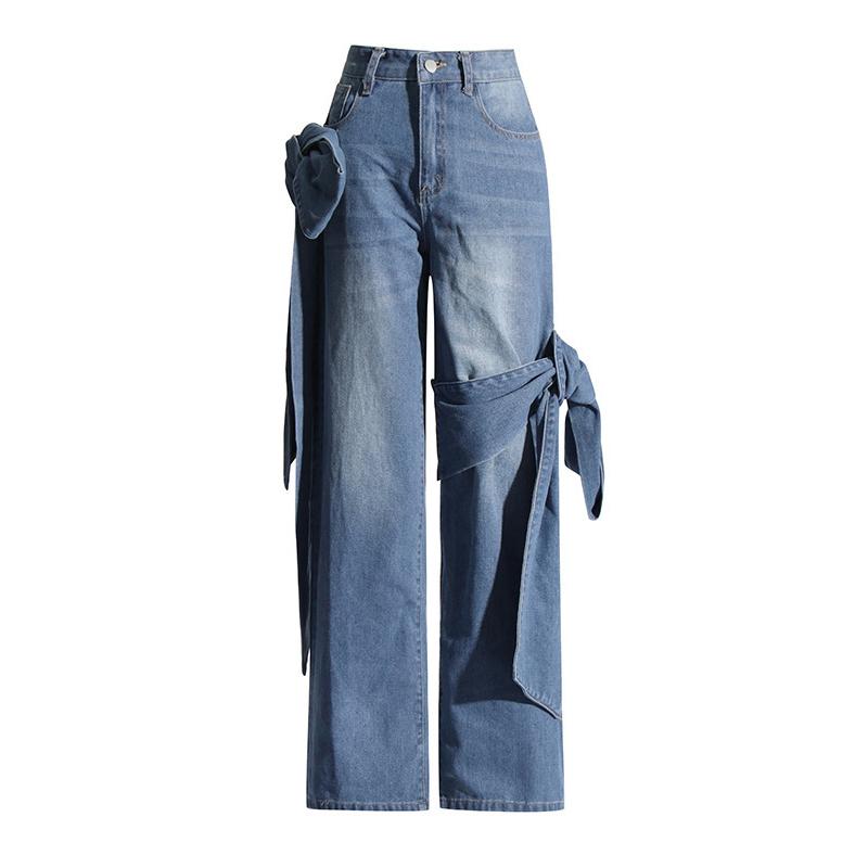 Women's Jeans 2025 Spring Autumn Latest Washed and Distressed Patchwork Bow Wide Leg Pants with High Waist and Slimming Design