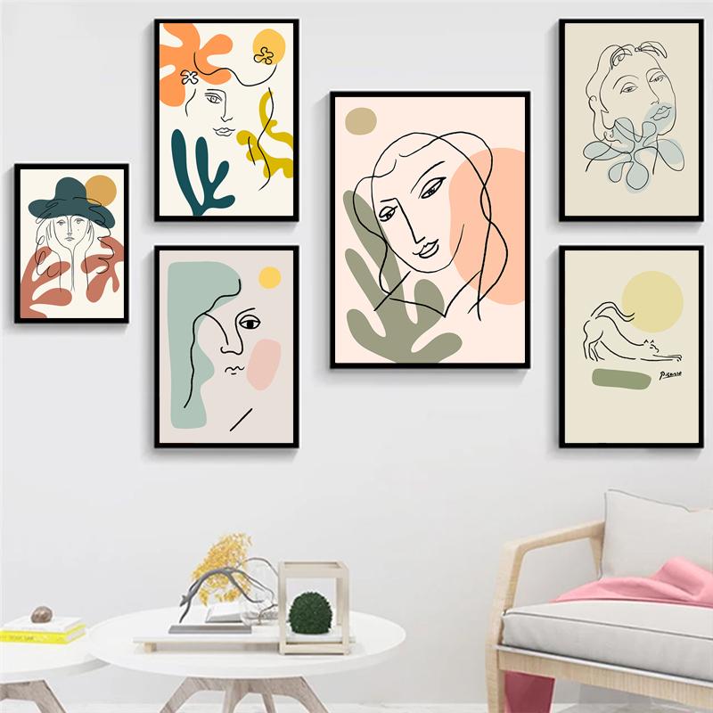 Модные абстрактные женские лица Холст Картина Матисс Плакаты Линия Рисунок Плакат и принты Красочные девушки Настенные художественные фотографии Декор
