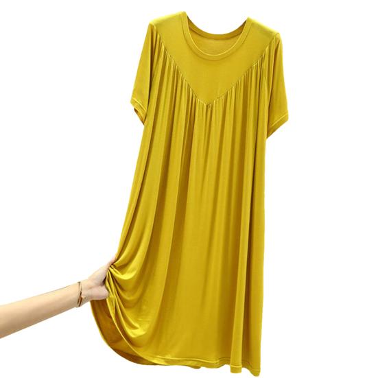 Женское летнее платье, плиссированное сплошное цветное платье с круглым вырезом и короткими рукавами, тонкий свободный пуловер длиной до колена, повседневная повседневная одежда, женское платье миди