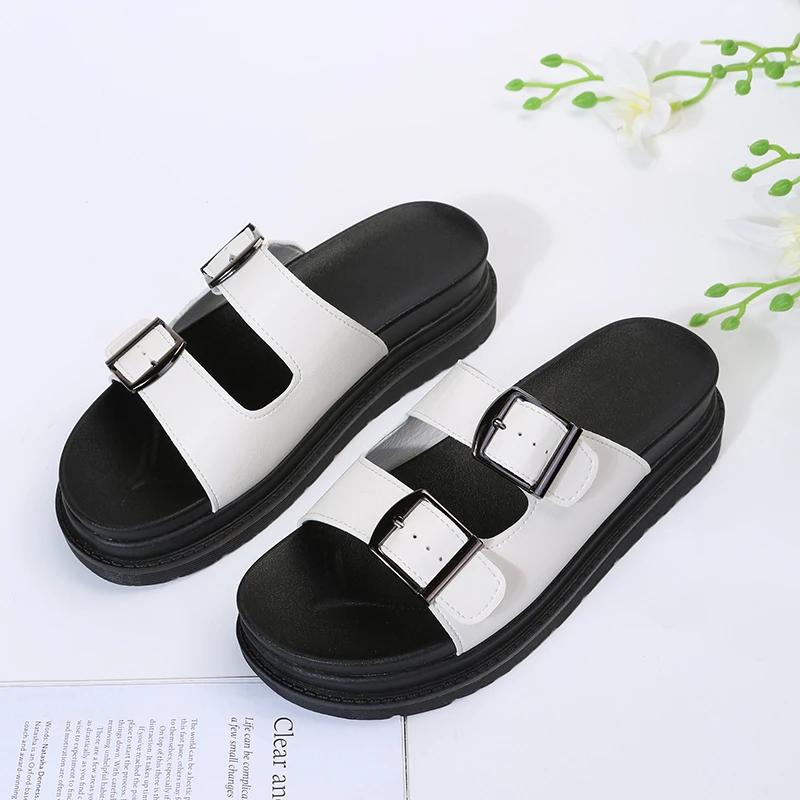 Sandal of Women British Style Rome Shoe Comfy Soft Leather Summer Sandalias Metal Buckle Casual Slipper Flat Platform Sandal