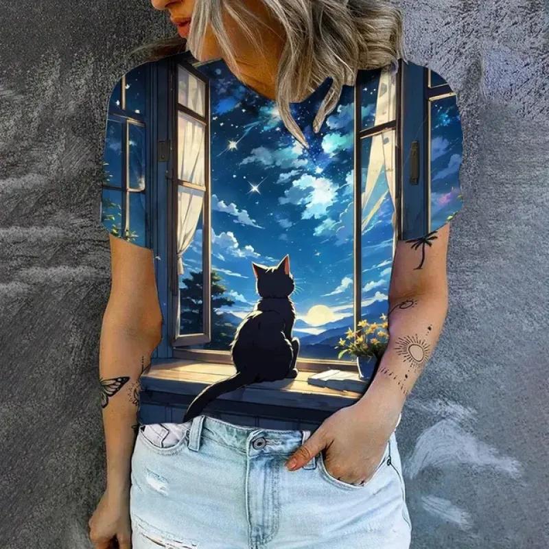 Cute Cat Print High Quality Short Sleeve Street Fashion Loose Round Neck T-shirt Summer New Casual Comfortable Women's T-shirt