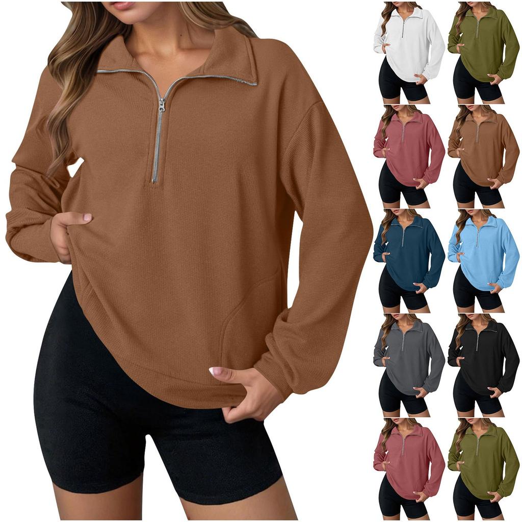 Women's Fashion Solid Color Zipper Lapel Solid Color Casual Sweatshirt Loose